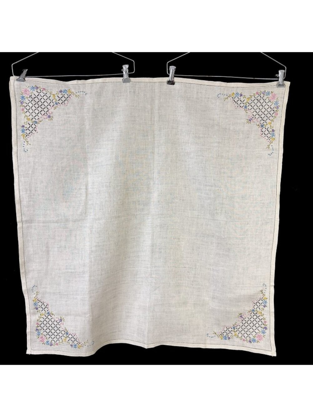 Embroidered Tablecloth Cross Hatch Design Flowers Square Vintage 1950s